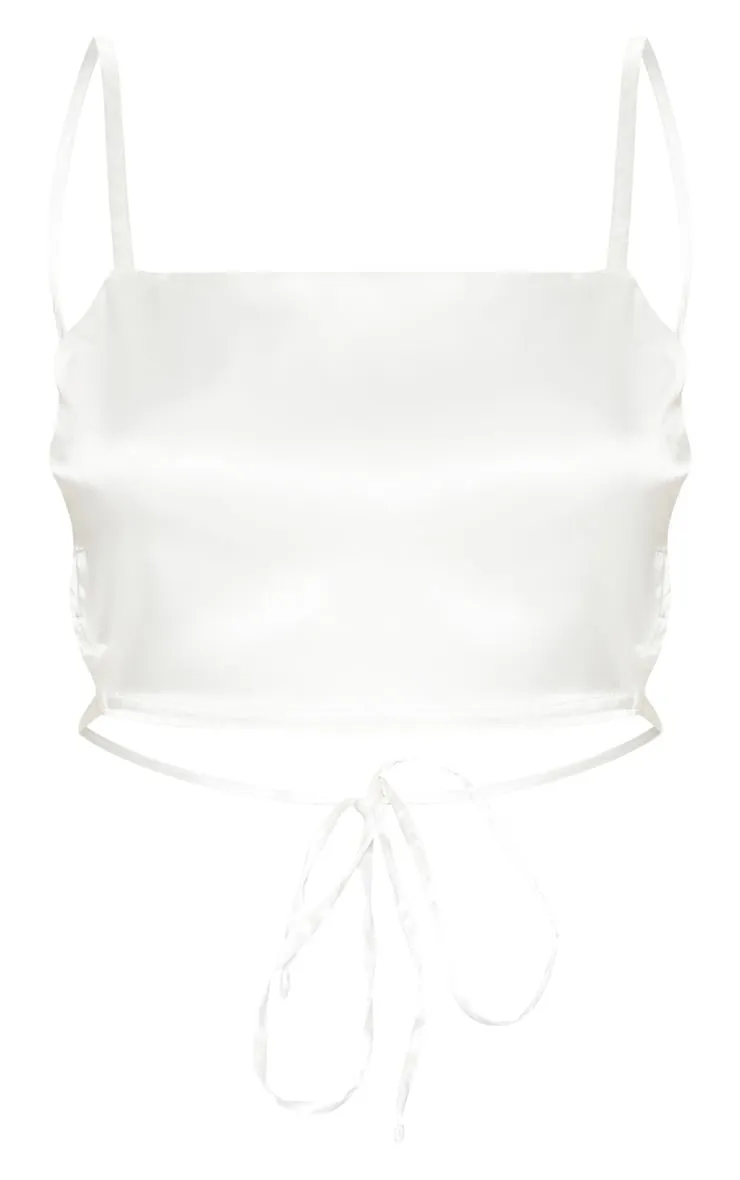 Crop top dos nu crème satiné à lanières au dos
