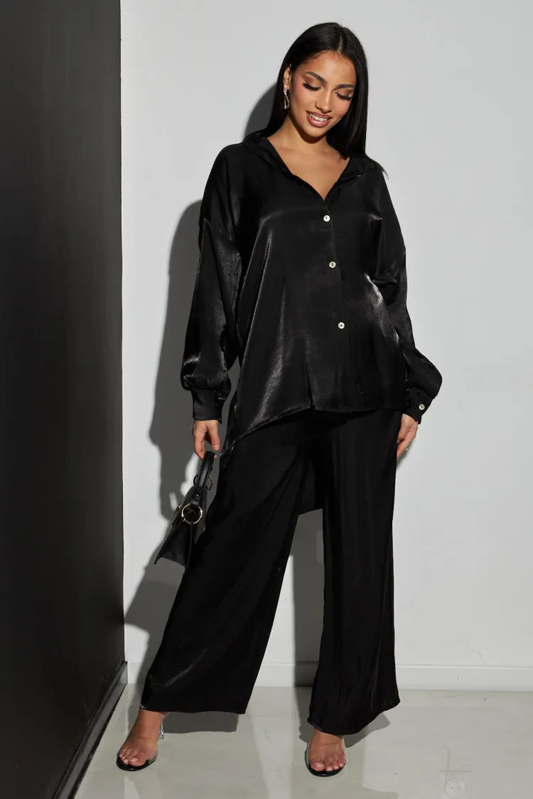 Ensemble 2 pièces chemise + pantalon satiné noir