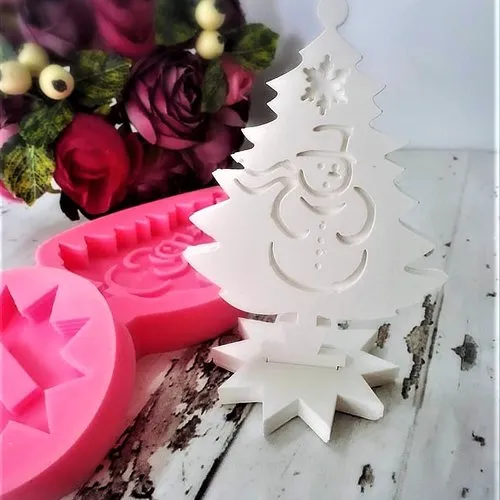 Moule silicone sapin de noël sur socle 14cm bonhomme de neige cristal pour plâtre wepam cire savon argile résine polyester k518 
