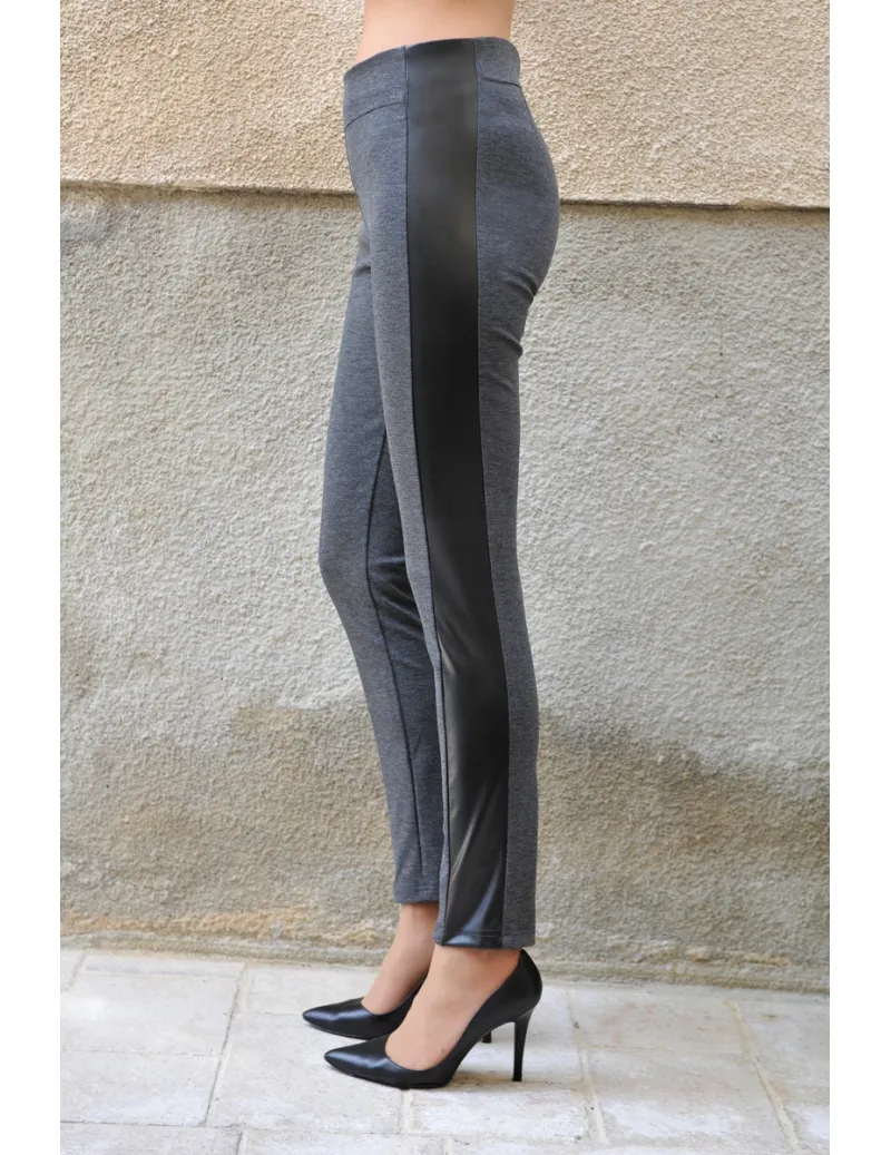 PANTALON ANTHRACITE BANDE CUIR