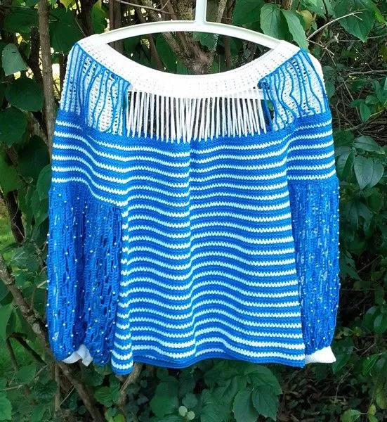 Pull Tricot bleu royal Top original  fait main Vintage :