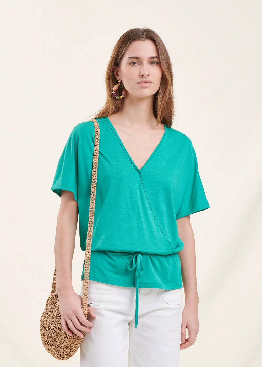 T-shirt blousant vert menthe en lyocell manches courtes